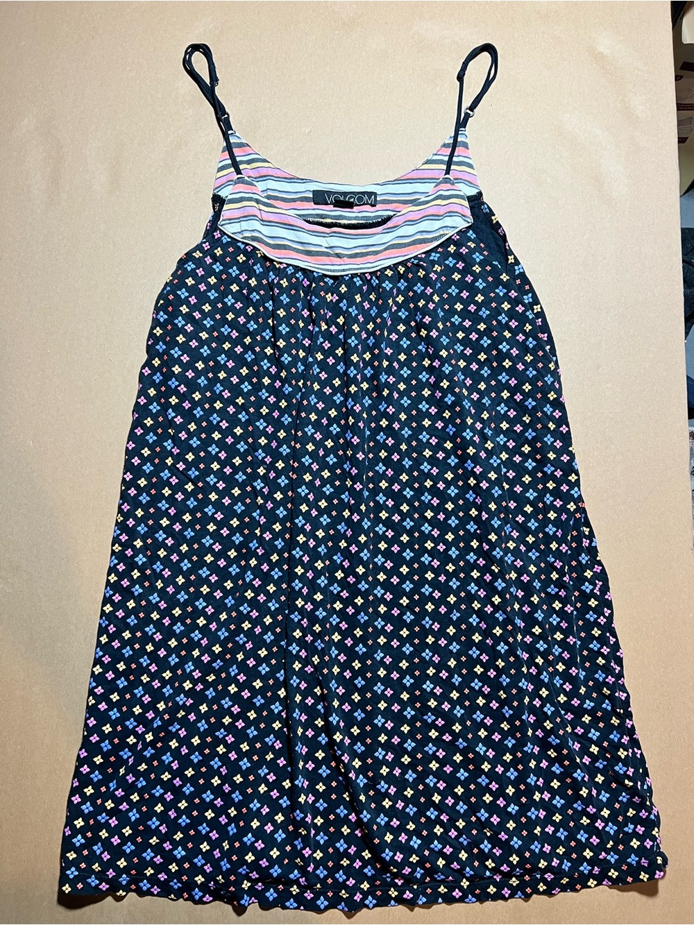 Volcom Navy Sundress with Multicolor Geometric Print and Striped Yoke